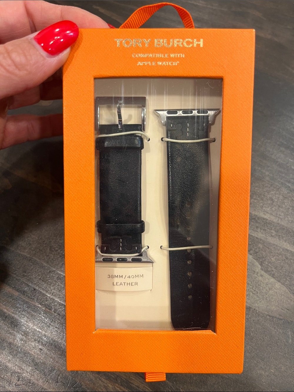 Tory Burch Black Leather Apple Watch Band with Silver Hardware